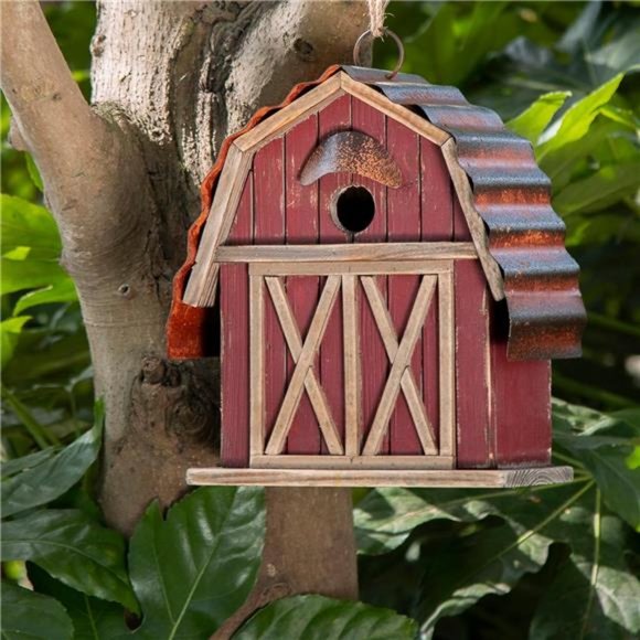 10.25" Hanging Birdhouse Rustic Wooden Barn Garden Bird House for Outdoor - Picture 1 of 6